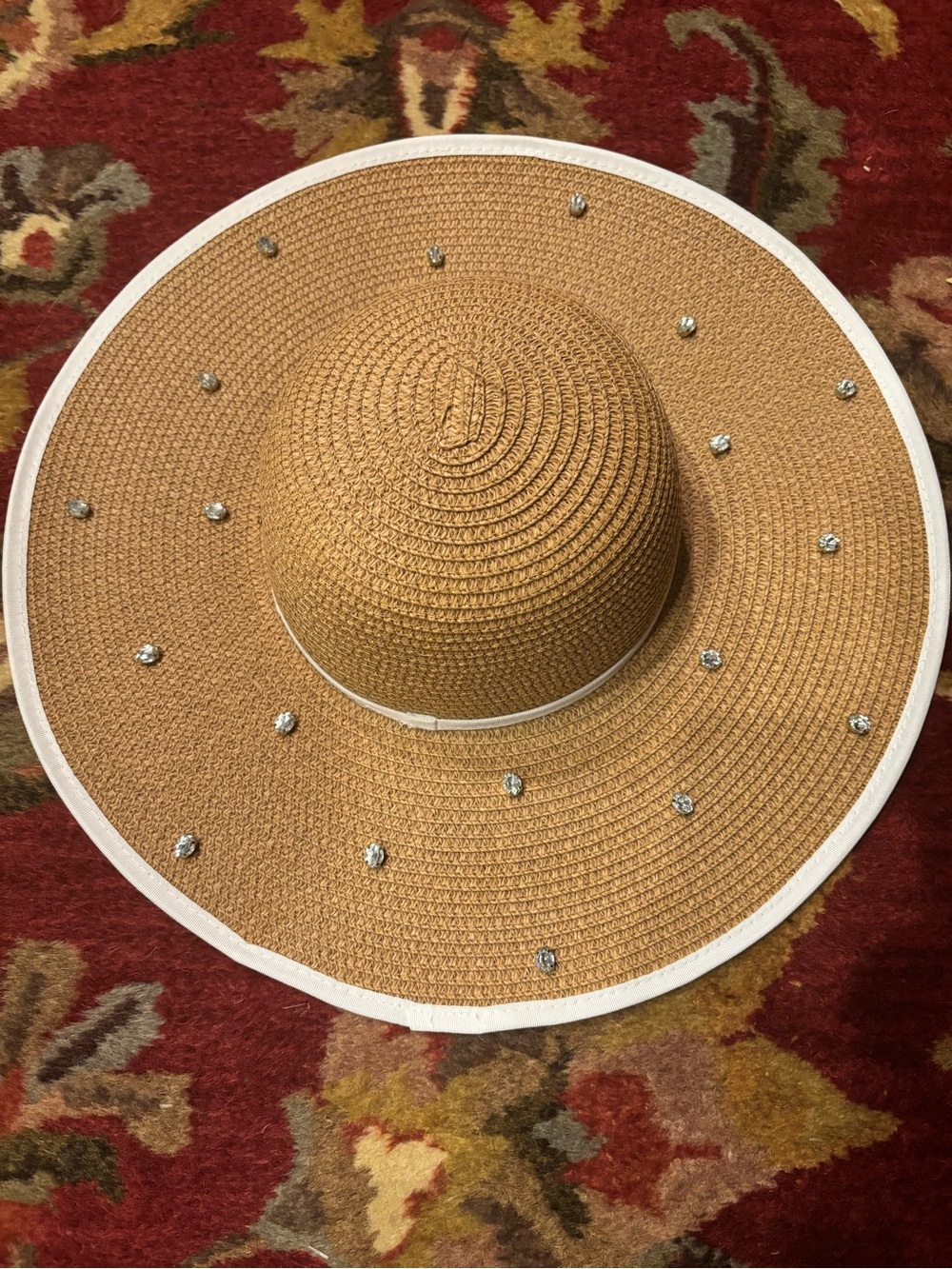 Juicy Couture Tan Wide-Brim Straw Sun Hat with Rhinestone Studs